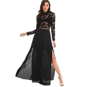 SweatyRocks Maxi Sexy Sheer Lace Long Sleeve Split, Party Dress, Womens Small